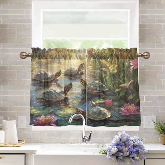 BZSMCE Set of 2 Pieces Kitchen Window Curtain Fashion Sunlit Turtle Gathering Printed 27x24in/27x36in