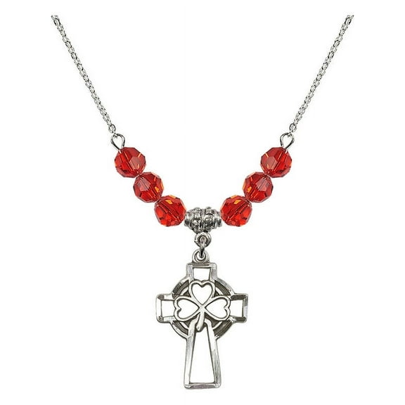 18-Inch Rhodium Plated Necklace with 6mm Red July Birth Month Stone Beads and Shamrock Cross Charm