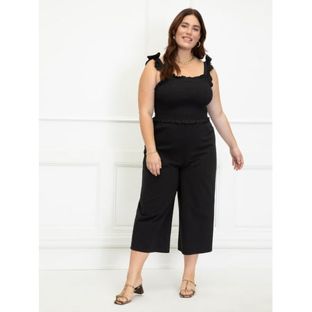 ELOQUII Elements Women's Plus Size Ruffle Shoulder Loop Smocked Bodice Jumpsuit
