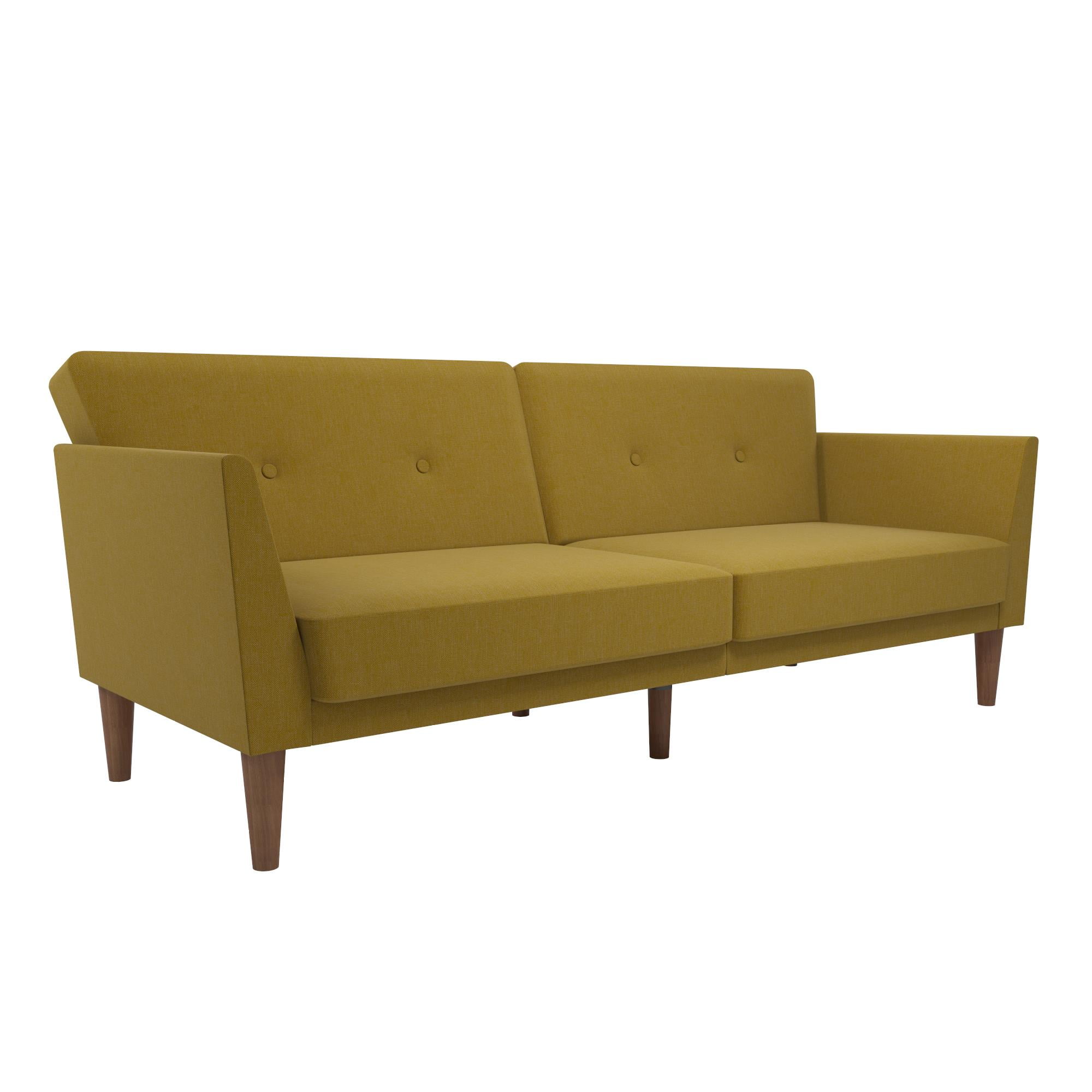 Novogratz Regal Futon, Mid-Century Sofa Bed, Mustard Yellow Linen