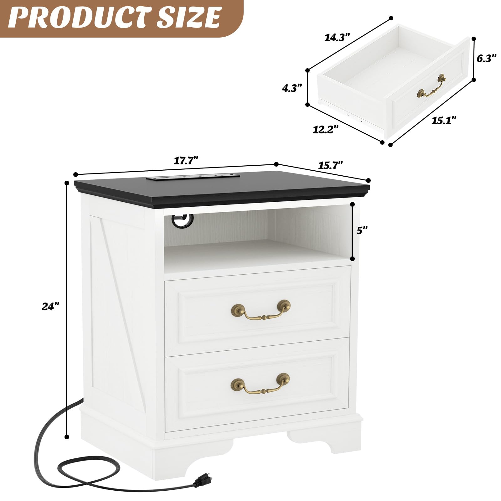 Homieasy Set of 2 Nightstands with Charging Station, Farmhouse Rustic Bedside Tables with USB-C Ports, AC Outlets, Drawers & Open Shelf for Bedroom, Living Room,Rustic White