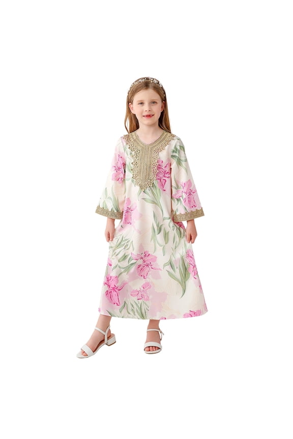 Girls Ethnic Long Sleeve Floral Dress 110-150, Ankara Caftan Robe, Kids Formal Party Wear, Nylon Spandex Fabric, Cultural Outfit for Girls