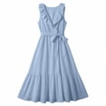 thumbnail image 4 of Women's Maxi Dress V Neck Sleeveless Ruffle Trim Tie Waist Tiered Dress Flowy Casual Summer Vacation Sundress Sky Blue S, 4 of 5