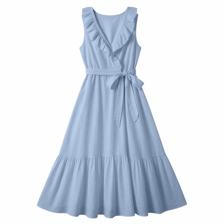 Blmnix Ladies Dresses Tank Dress Flowy A Line Dresses Peplum Under Dress V-Neck Green Maxi Sleeveless Belted Womens Summer Dresses Casual XXL