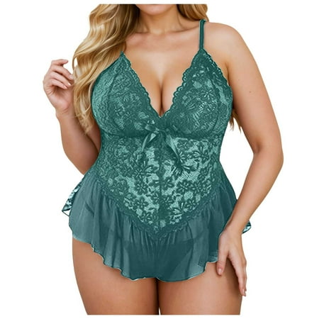 Midwennn Plus Size Lace Jumpsuit Underwear Deep V Pajamas Bridal Lingerie for Women