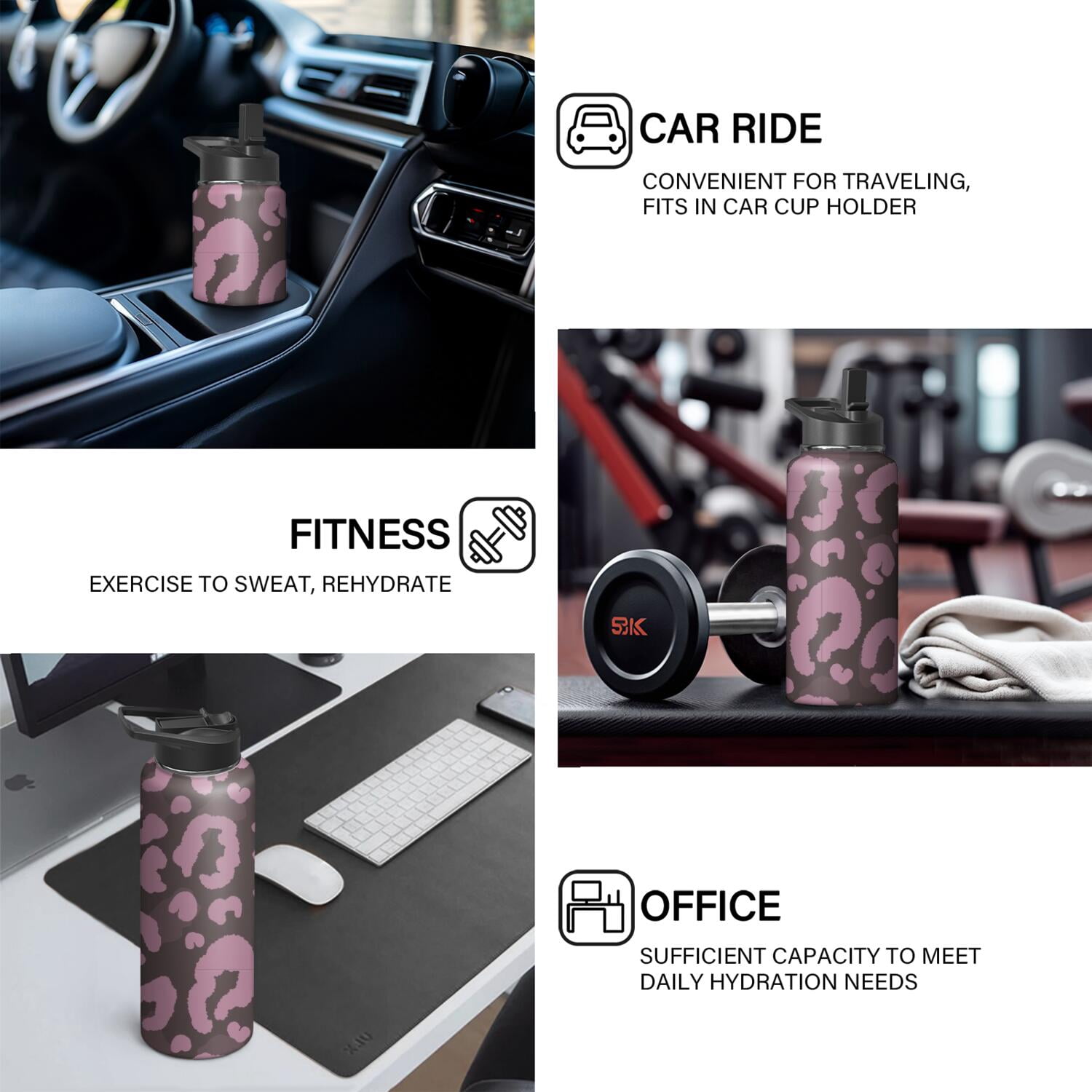 Leopard Print Insulated Stainless Steel Water Bottle with Straw & Cleaning Brush – 18 Oz | Leakproof, BPA-Free, 304 Stainless Steel, Wide Mouth, Travel Mug for Car, Gym, Office