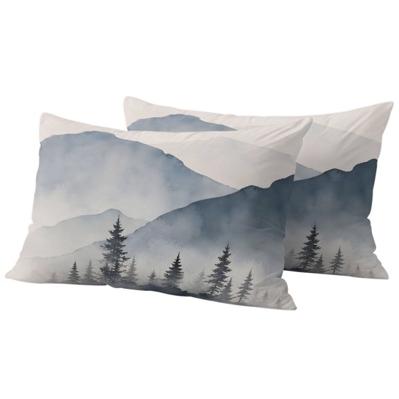 Misty Forest Outdoor Pillow Covers 20x12 Set of 2, Waterproof Patio Throw Pillowcase Protectors, Blue Trees Mountain Rustic Landscape Lumbar Decorative Pillow Shams Cushion Covers for Seat Bed Couch