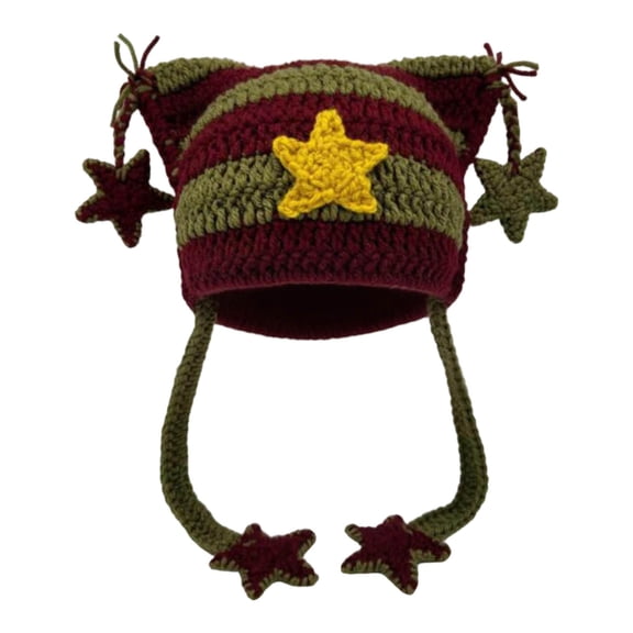 AJGRHE Crochet Hats for Women Cat Knit Hat with Pompoms Grunge Goth Accessories Slouchy Beanies for Women Girls Army Green One Size