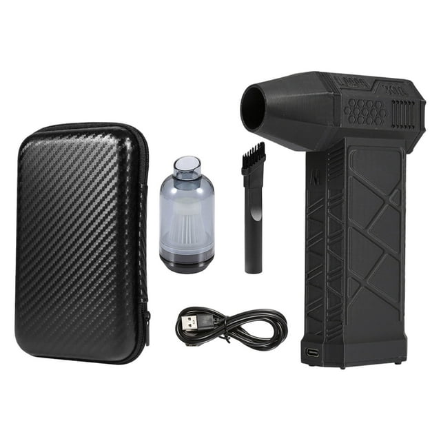 Snow Blaster for Car, Speed 130,000 RPM handheld snow blower with LED light in black, designed for efficient snow removal on driveways and cars. Includes accessories such as a carbon fiber-style storage case, USB charging cable, brush attachment, and filter component. Compact, ergonomic, and portable single-stage snow blower suitable for winter conditions.