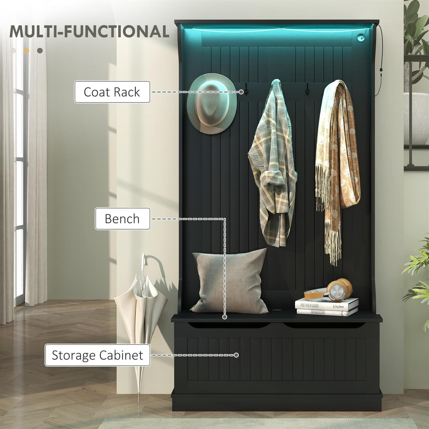 Demi Bonn 70" Hallway Bench with Coat Rack and Shoe Storage, 3-in-1 Entryway Organizer for Home, Storage Hooks and Hall Tree for Convenience, Black