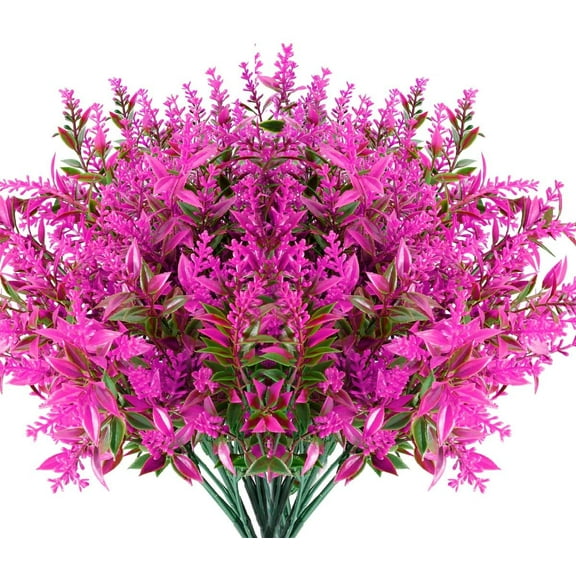 Sinhoon 8 Bundles Artificial Lavender Flowers Outdoor UV Resistant Fake Flowers No Fade Faux Plastic Plants Garden Porch Window Box Decorating (Rose red)