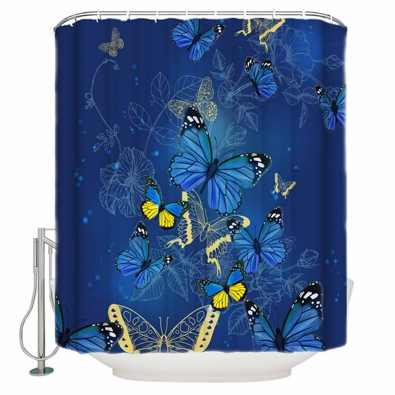 Fabric Shower Curtain, Blue and Yellow Butterfly and Plants Shower Curtains with 12 Hooks Waterproof Machine Washable Bath Curtains for Bathroom, 36 x 78in