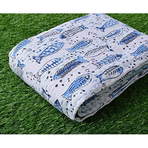 White Fish Print Quilt Kantha Quilts Kantha Throw Pure Cotton Bedspread Queen Size Quilt Kantha Blanket Handmade Quilt
