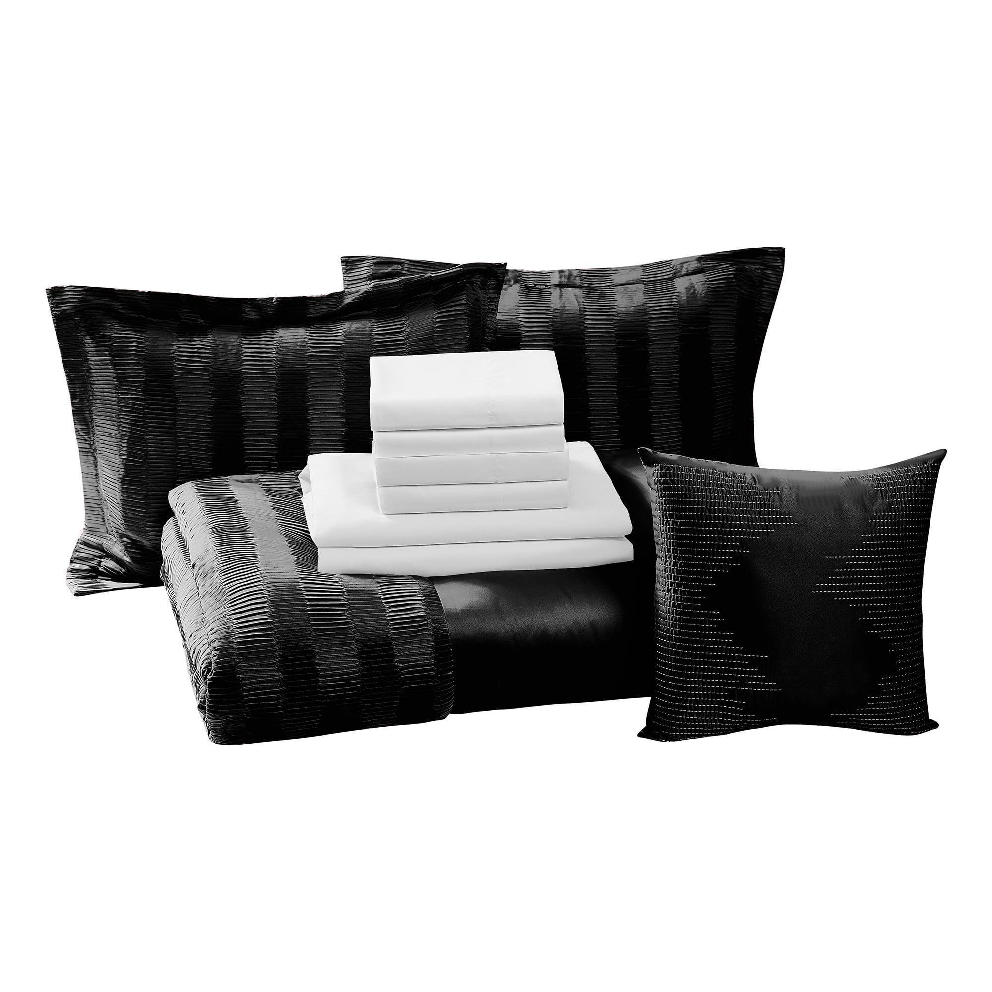 Mainstays 10 Piece Black Satin Pleat Bed in a Bag Comforter Set with Sheets, Queen  (图3)