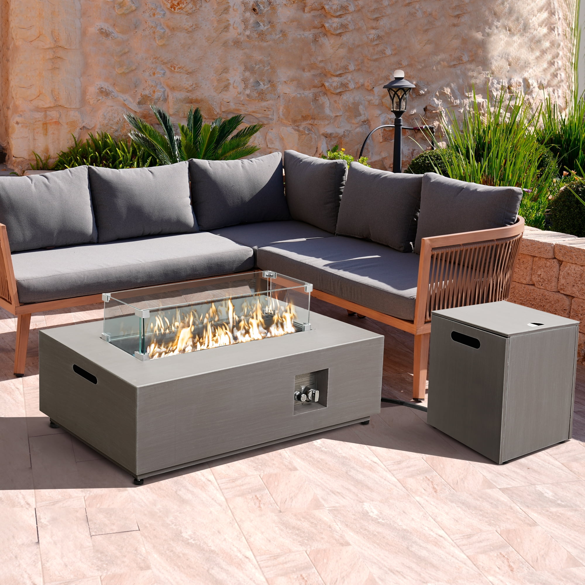 42" Propane Fire Pit Table Set with Tank Holder, CSA Certifed 50,000 BTU Outdoor Firepit Table, Wind Guard & Glass Stones