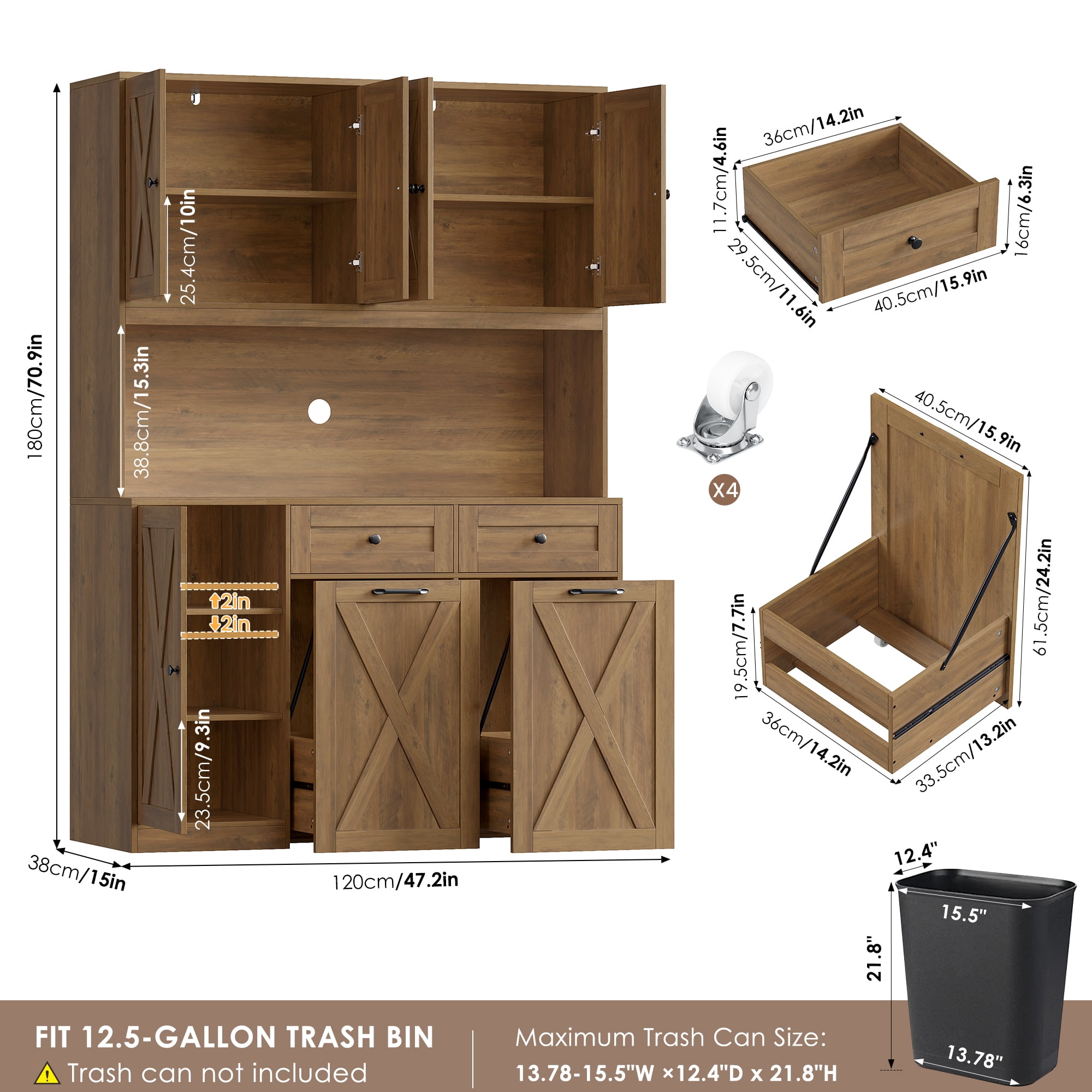 Homfa Kitchen Pantry Cabinet, Trash Can Cabinets Fits 12.5 Gallon Can, 5 Door 2 Drawer Kitchen Storage Cabinet with Hutch, Freestanding Cupboard, Rustic Brown