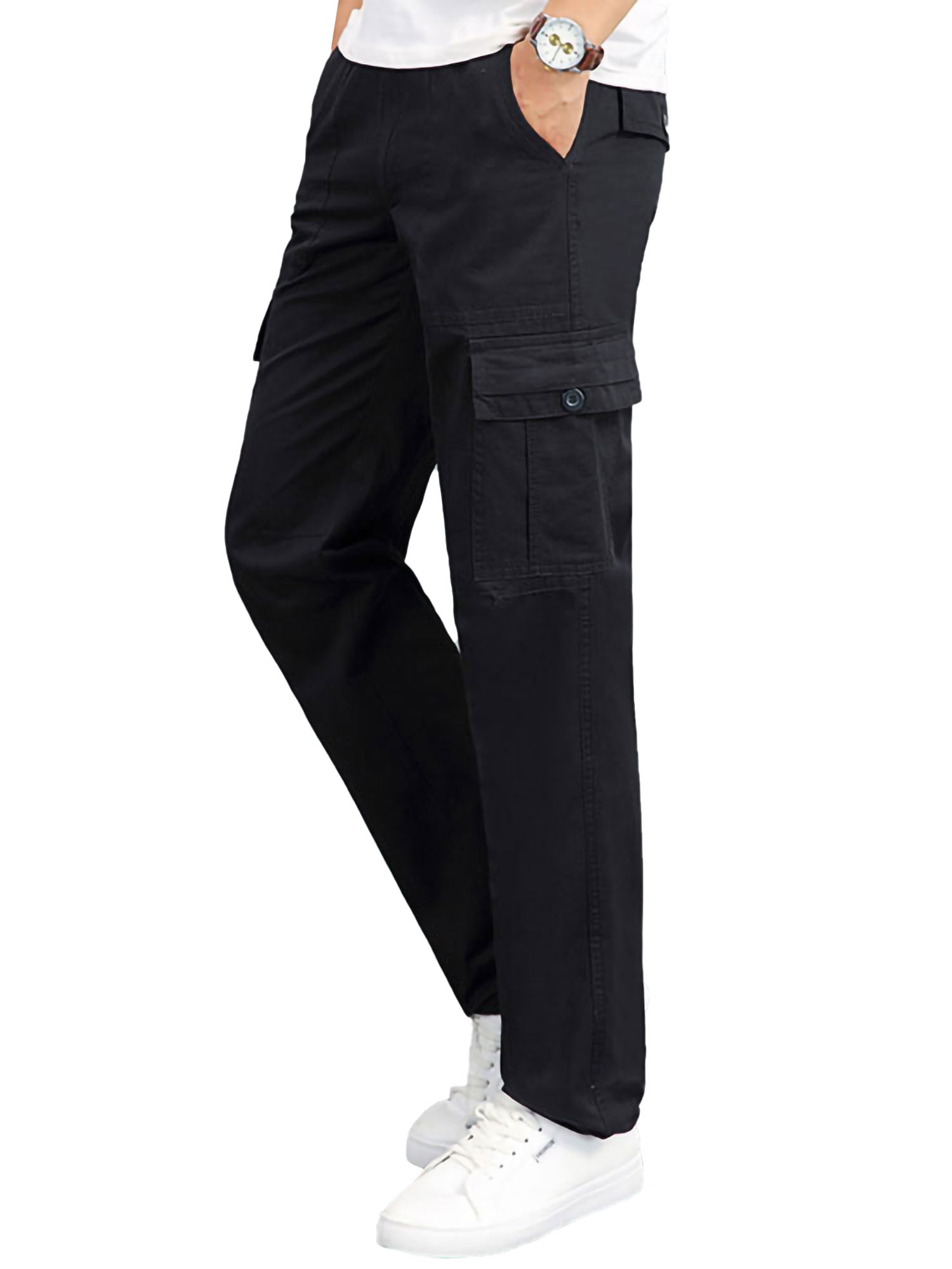 Men Plain Elasticated Waist Trousers Cargo Combat Work Walking Straight Pants 