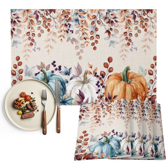 Orange Blue Pumpkin Fall Placemats Set of 4, Thanksgiving Eucalyptus Leaves Rustic Washable Wipeable Table Mats for Dining Tables, Indoor Outdoor Kitchen Place Mats for Holiday Party Table Decor