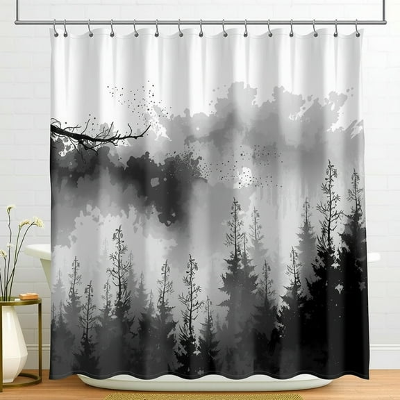 Minimalist Forest Shower Curtain - Watercolor Pine Trees on Foggy Gray Background Serene Nature Decor