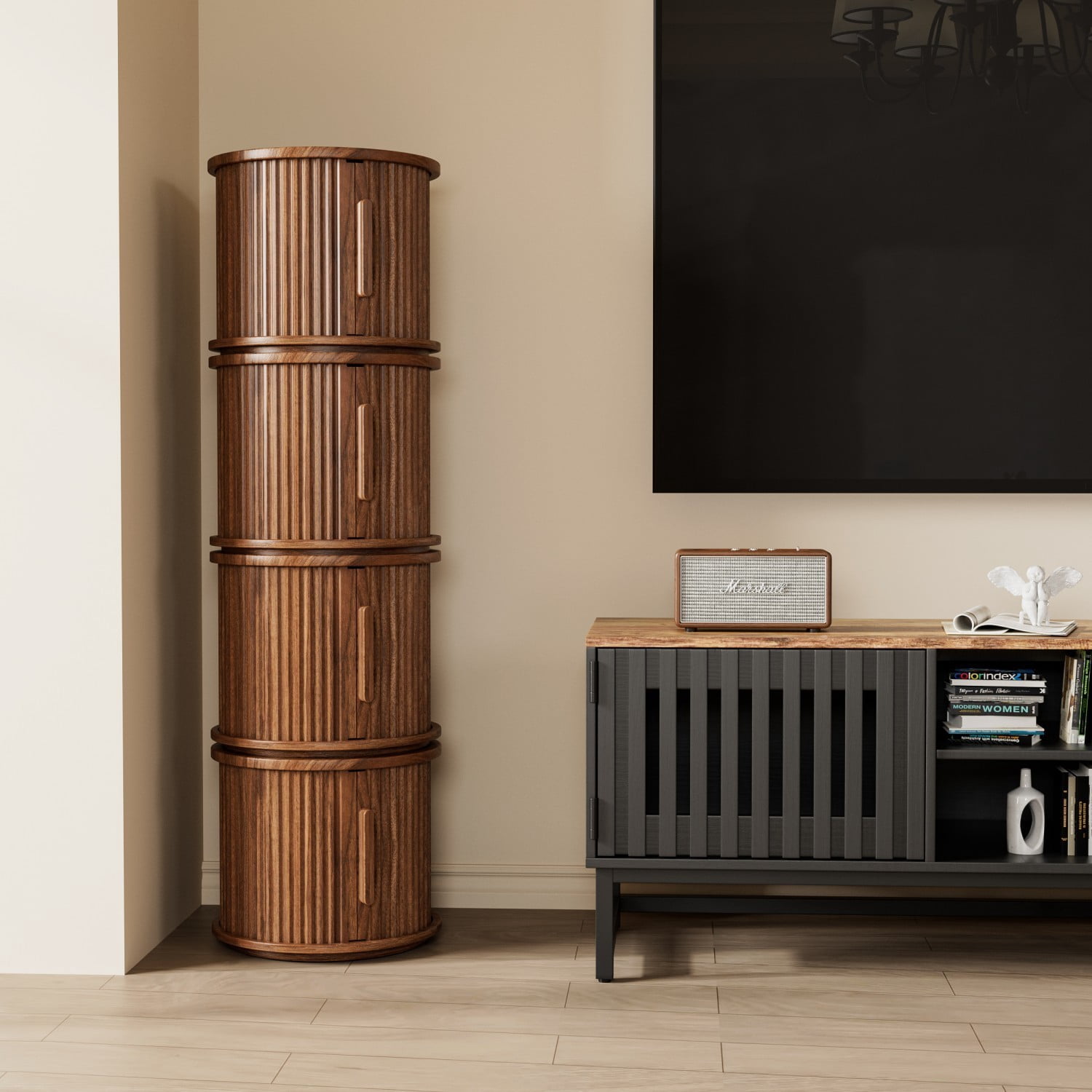 Set of 4 Round Coffee Tables with Sliding Door Storage, Modern Walnut Accent Side Tables, Fluted Roman Column End Tables & Bedside Nightstands for Living Room, Bedroom