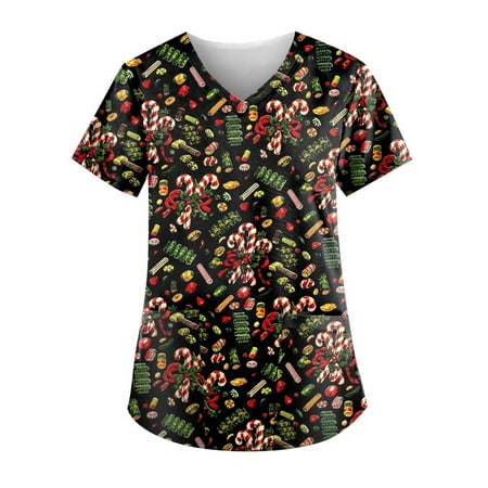 

qucoqpe Women Christmas Printed Nurse Scrubs Tops Short Sleeve V-Neck Nurses Working Uniform Workwear Tunic Clinic Carer Plus Size Protective Clothing on Clearance