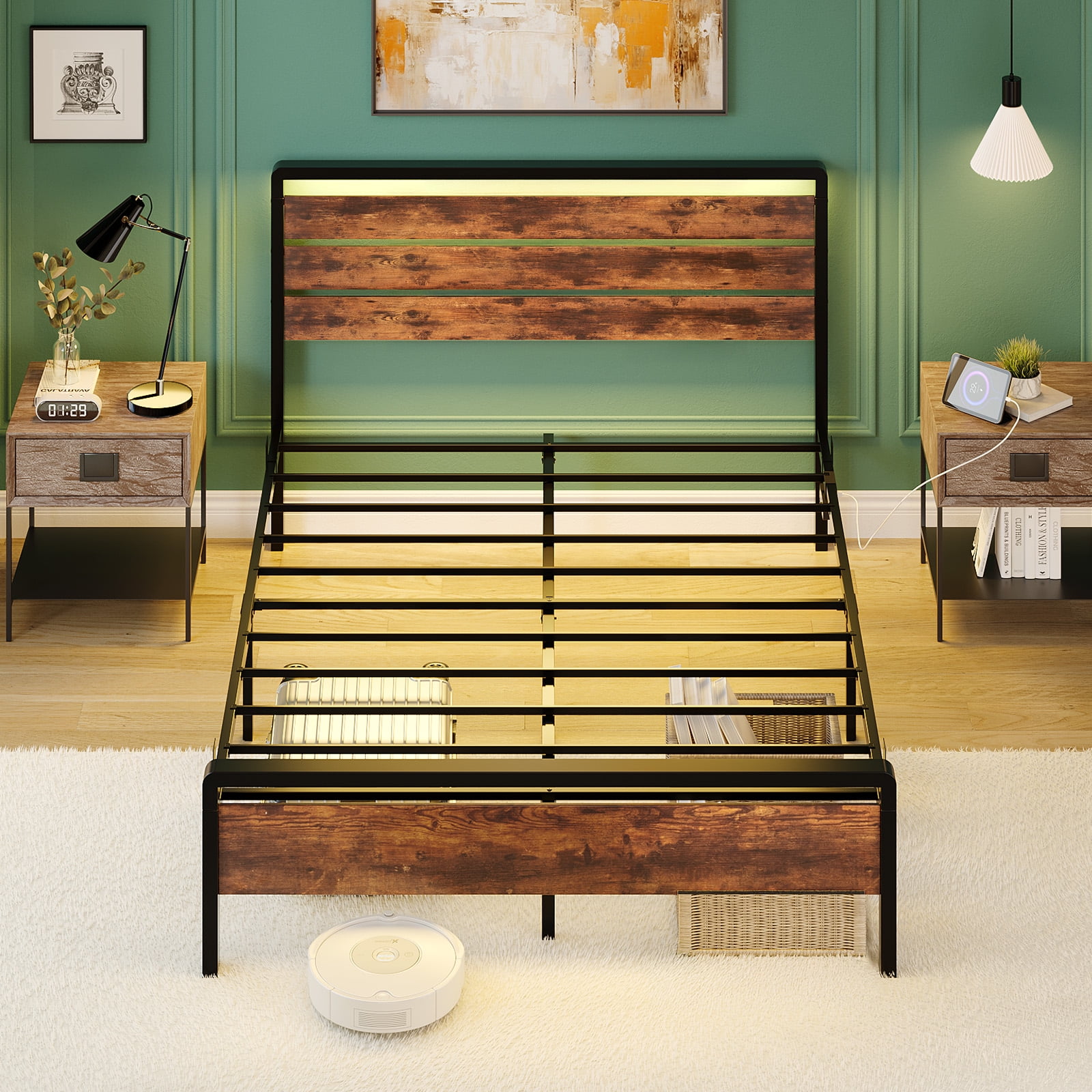 Ktaxon Full Size Bed Frame with LED Headboard & Footboard, Metal Platform Bed with Charging Station, Rustic Brown