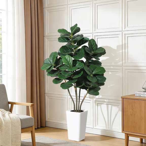 4ft/5ft/6ft Artificial Fiddle Leaf Fig Tree with White Planter, Faux Ficus Lyrata Silk Tree for Home & Office Indoor Decor