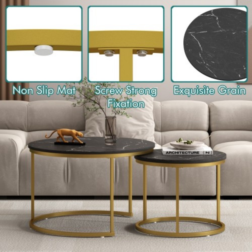 27.6" Nesting Coffee Table Set of 2, Round Wood Marble Pattern Top with Sturdy Metal Frame, Stackable End Tables for Living Room, Bedroom, Office, Black & Gold