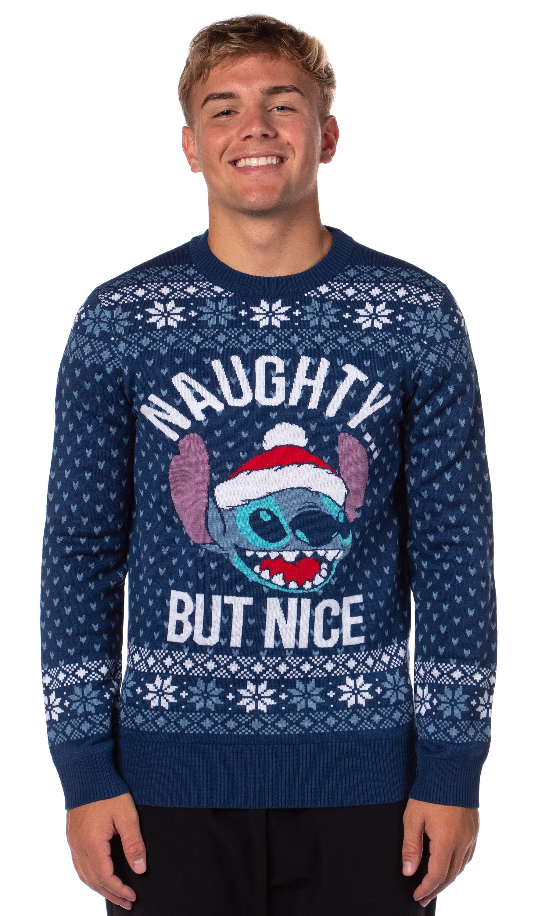 Disney Lilo And Stitch Men's Naughty But Nice Ugly Christmas Holiday Knit Sweater Pullover