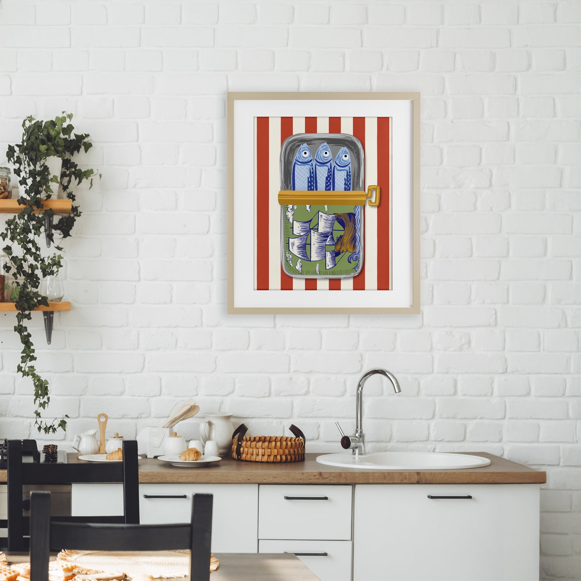 Stupell Industries Sardines with Antique Ship Birch Framed Print Under Glass, design by Arrolynn Weiderhold