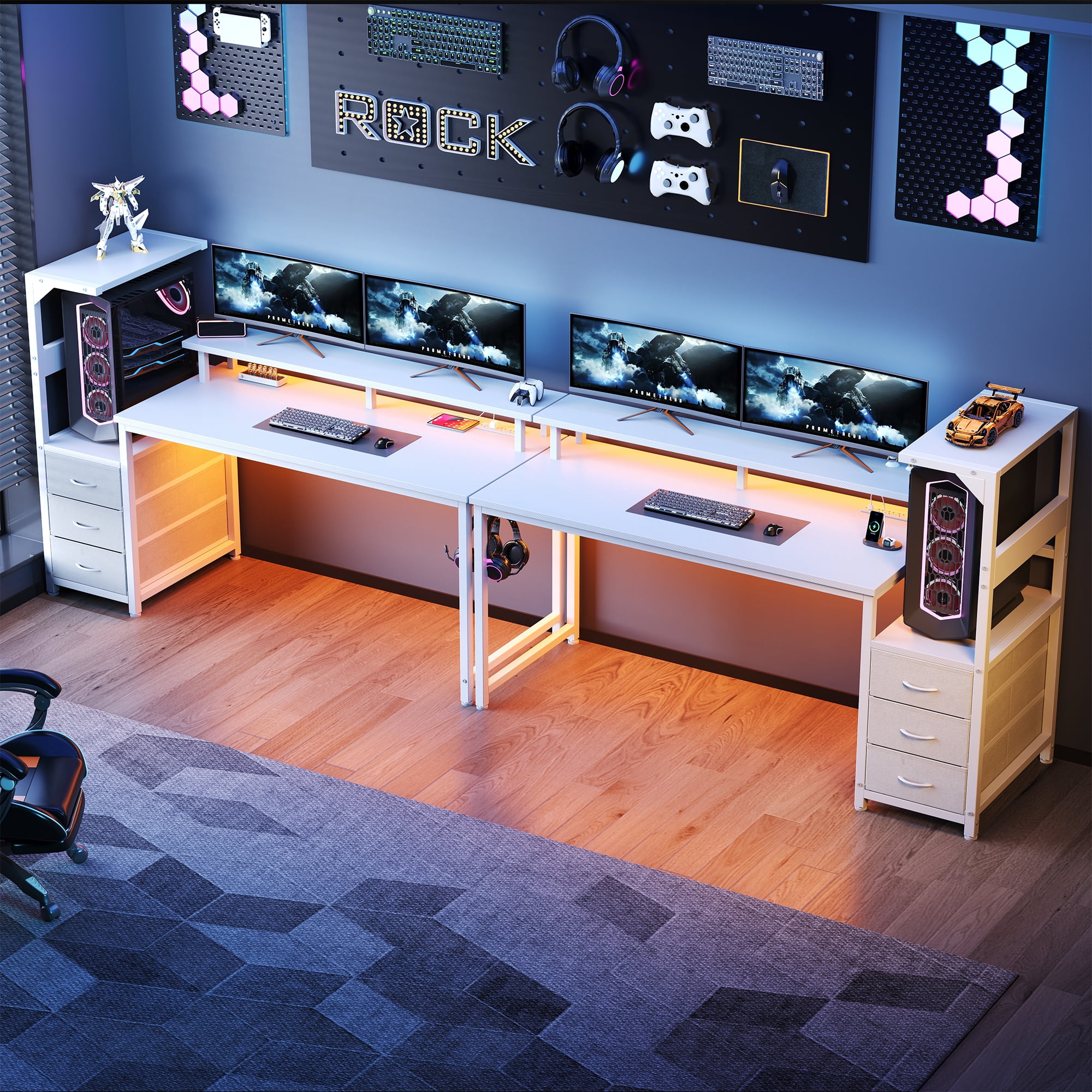 CONCETTTA Gaming Desk, 59 Inches, With Shelf Storage Drawers, White Computer Desk With Led Lights And Power Sockets, Office Wooden Desk With Pc Stand And Cable Management