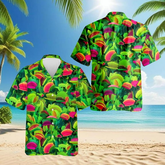 Venus Flytrap Hawaiian Shirt for Men, Plant Lover Gifts, Button Down Summer Beach Short Sleeve, S-5XL