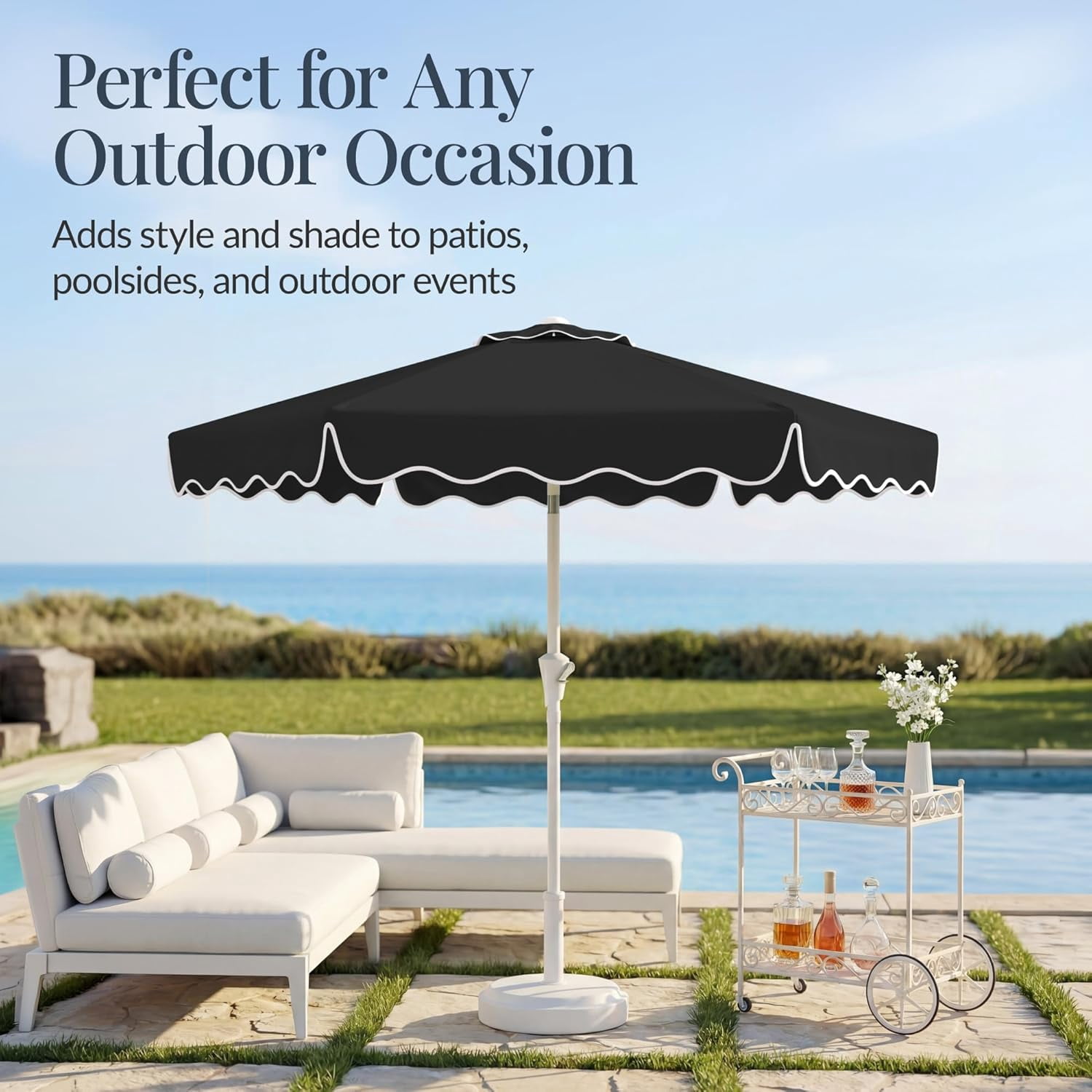 HWong 7.5ft Patio Market Umbrella with Wavy Trim, UV-Fade-Resistant 210g Canopy, Crank & Tilt, Wind Vent, Heavy-Duty Frame - Black