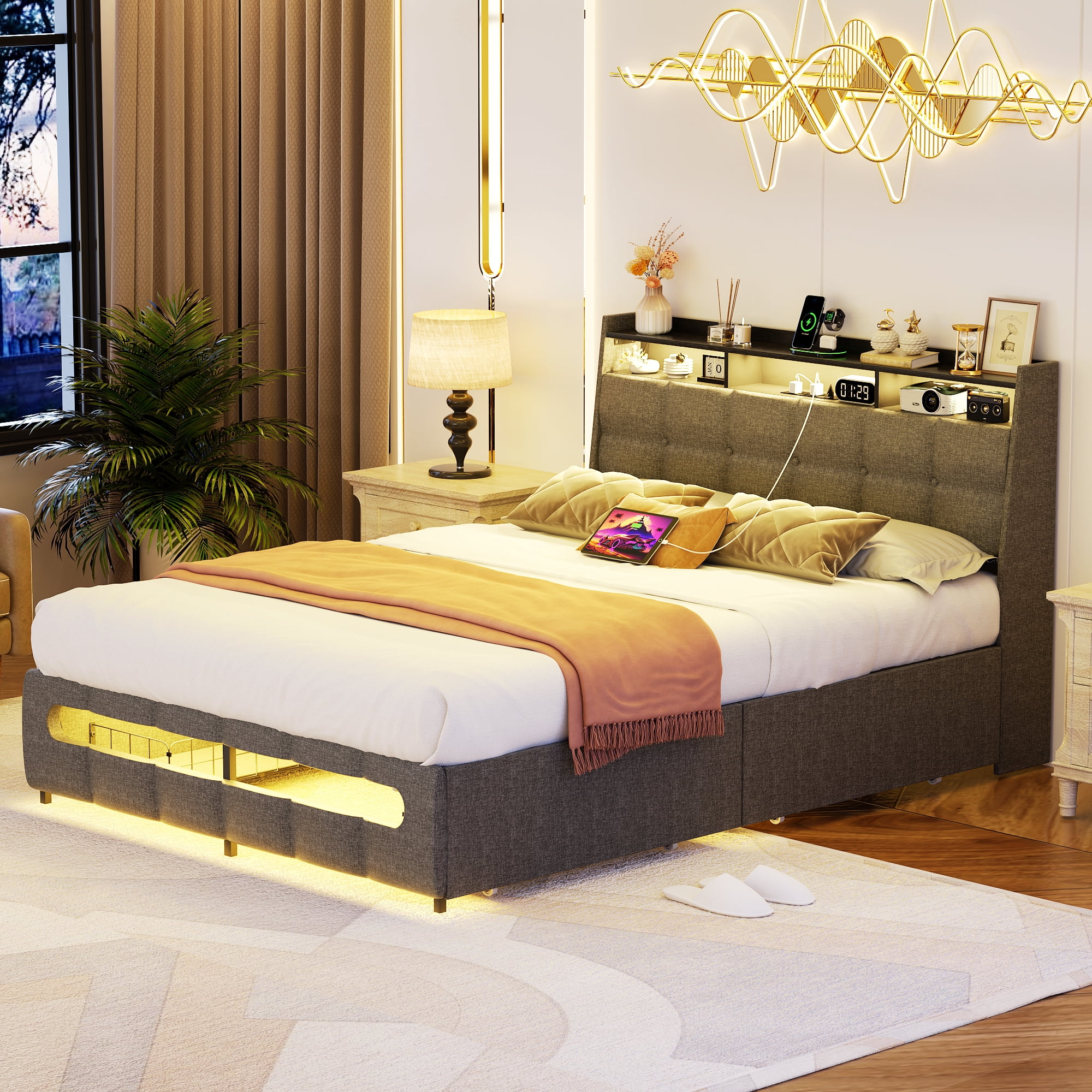 Homieasy Full Size Bed Frame with Drawers Charging Station LED Light, Upholstered Twin Bed Frame with Storage Headboard, Heavy Duty Wood Slats, No Box Spring Needed, Noise Free,Gray