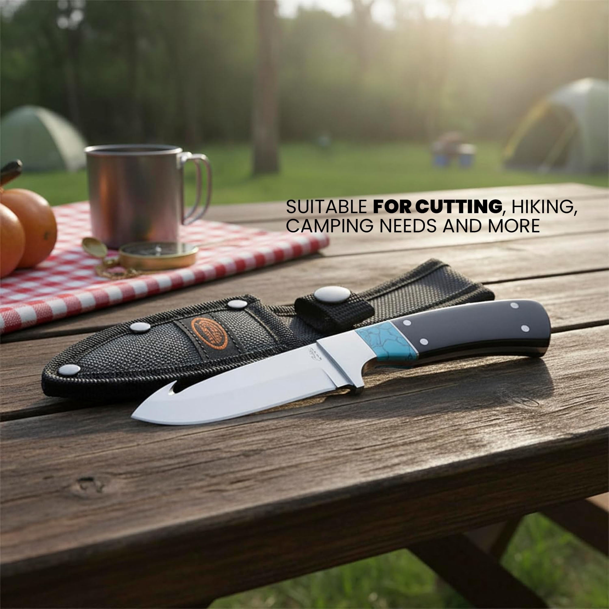Rite Edge 7 Inch Guthook Knife Turquoise Spacer 3CR13 Stainless Steel Blade Pakkawood Handle Full Tang Hunting Knife with Nylon Sheath
