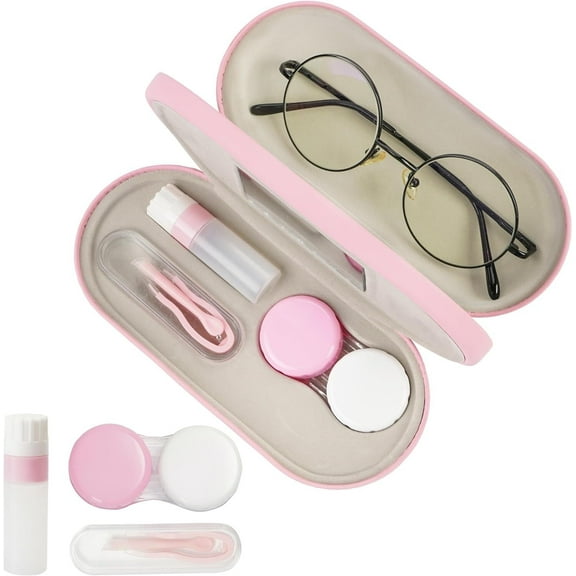 Eyeglass Case, 2 in 1 Contact Lens Case and Glasses Case,Double Sided Dual Use Design, Durable Lens Case Leak Proof & Portable,Tweezer and Contact Lens Solution Bottle Included for Travel Kit (Pink)