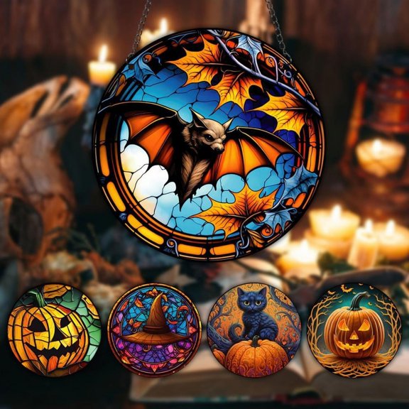 Halloween Window Hanging Decorations, 2D Stained Glass Acrylic Suncatcher for Home Garden Porch, Colorful Seasonal Wall Art for Fall Holiday Party Decor, 1Pack A