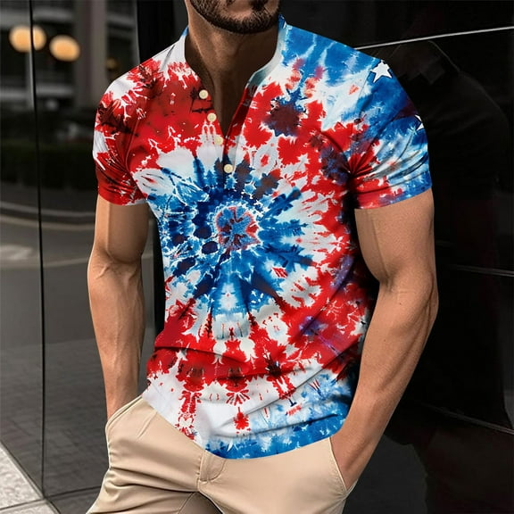 CFLVAEK Fourth of July Tshirts Shirts for Men Fashion Tie Dye Patriotic Print Shirt Summer Casual Short Sleeve Henley Neck Shirts M