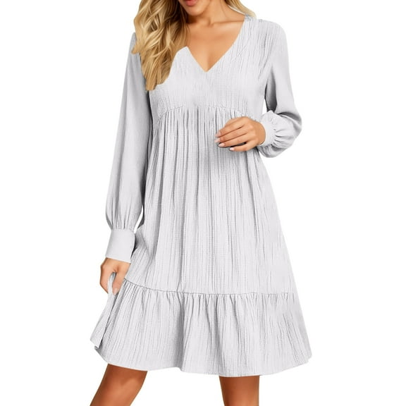 Women's Casual V Neck Long Sleeve Dress Elegant Solid Color Flowy Spring Summer Daily Outfit Comfortable Loose Fit Outdoor Wear