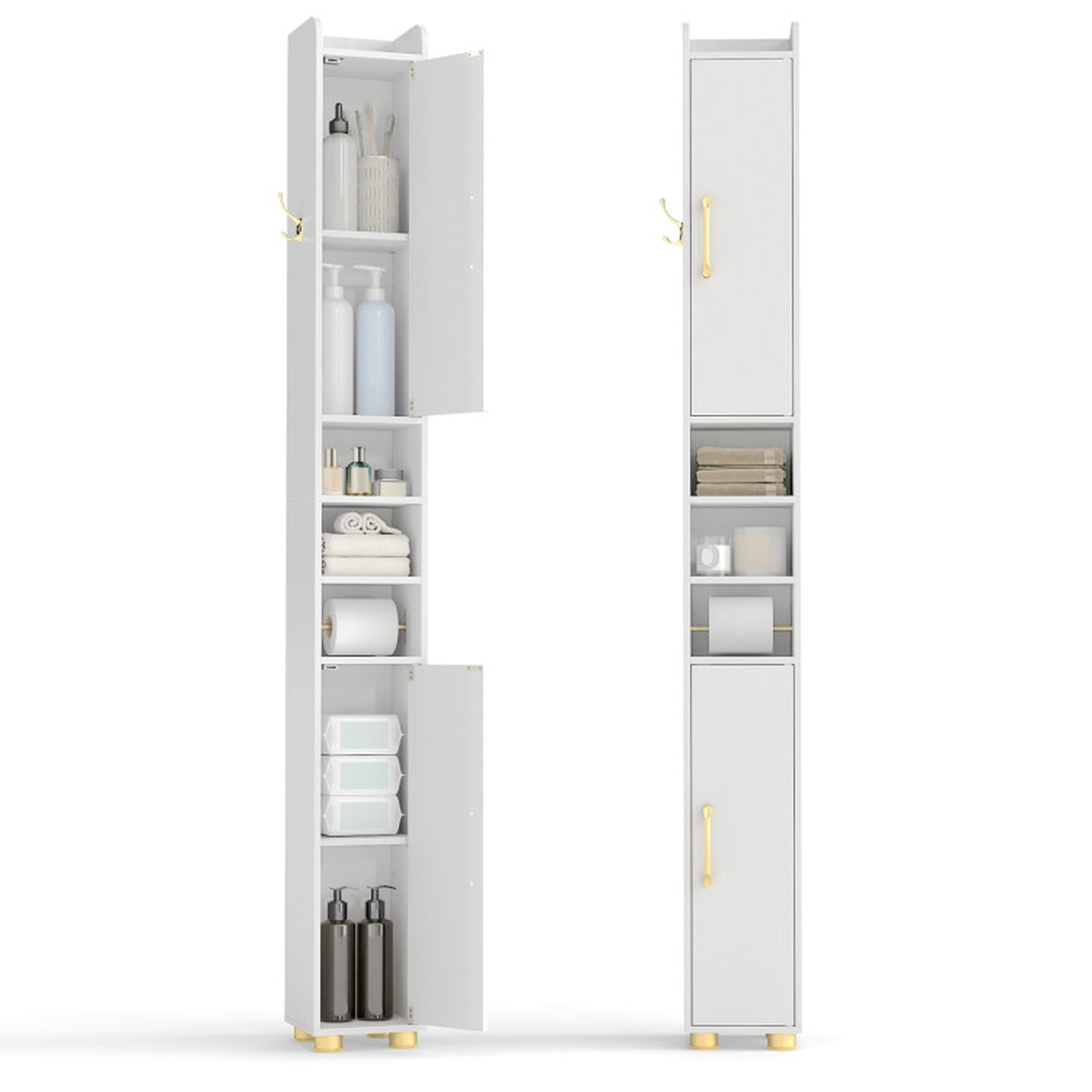 Vebreda Narrow Bathroom Storage Cabinet, Tall Slim Freestanding Tower with 2 Closed Cabinets, Open Shelves and Toilet Paper Holder, Adjustable Shelves, Hook and Anti-Tip Kit, White