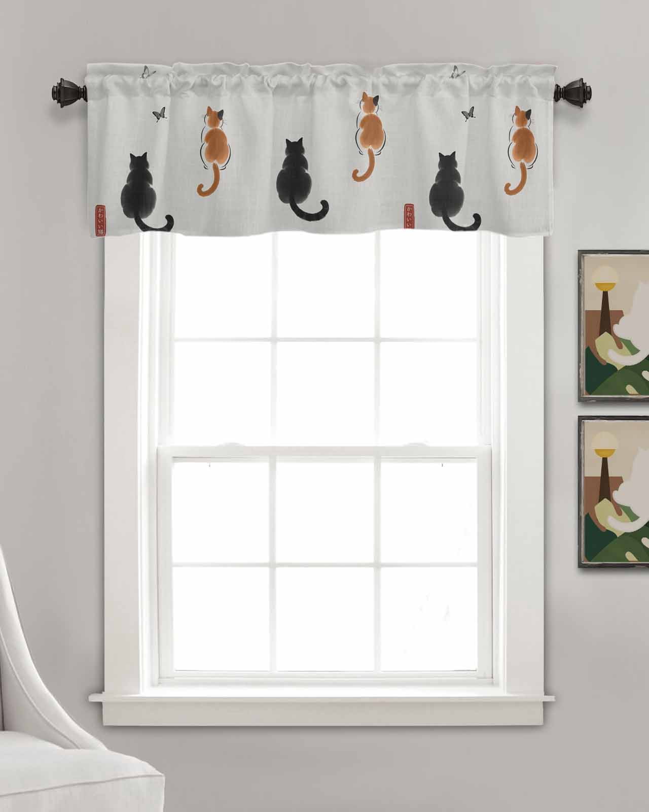 Japanese Cute Cat Kitchen Valances for Windows Farmhouse Linen Window Valance Curtain for Living Room Window Treatment Harmony Animal Butterfly Ink Valance Rod Pocket Topper Drape, 42 x 12 Inch