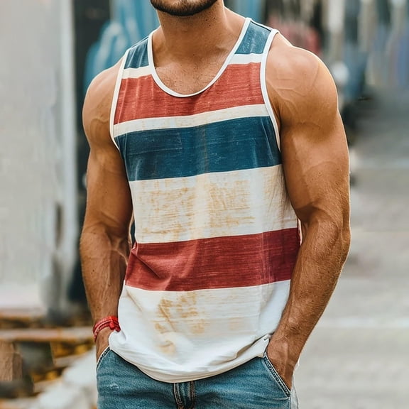 Kalauyu Men's Round Neck Vintage Striped Pinted Tank Tee,Retro Color Block Sleeveless Shirt for Casual Street Top