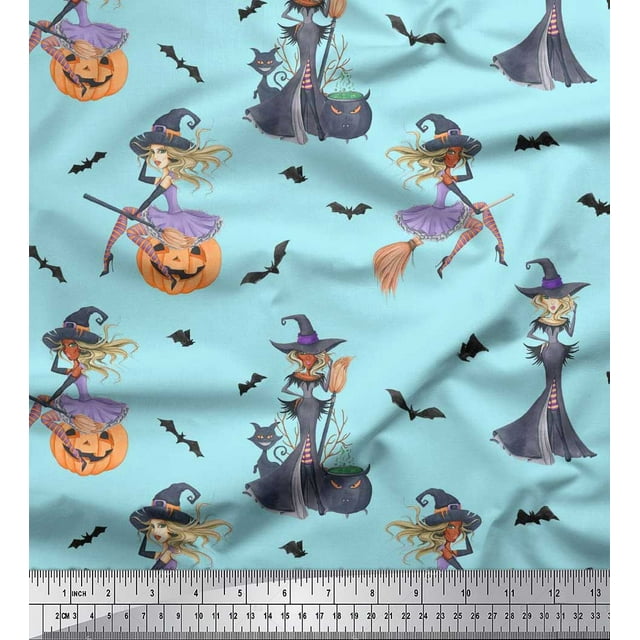 Soimoi Rayon Fabric Magic Potion,Bat & Witch Halloween Printed Fabric 1 Yard 56 Inch Wide
