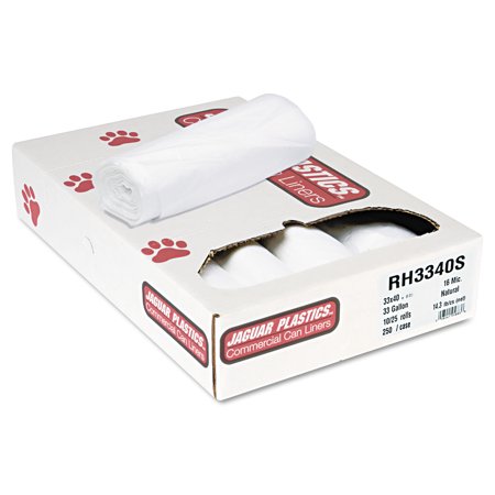 Jaguar Plastics Super Extra-Heavy Bags, 33gal, 16mic, 33 x 40, Natural, 25 Bags/RL, 10 Rolls/CT
