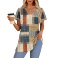 thumbnail image 4 of TQWQT Plus Size Tunic Tops for Women Babydoll V-Neck Peplum Short Sleeve Tops Casual Puff Sleeve Color Block Blouses Maternity Clothes Khaki 2XL, 4 of 5