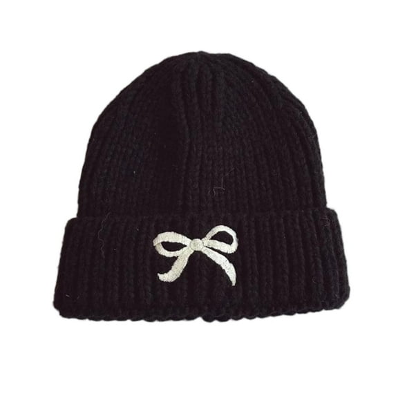ZACPNCV Girls Bow Beanie Hat Winter Warm Knit Hats Cute Embroidery Bowknot Caps Streetwear Black Free Size