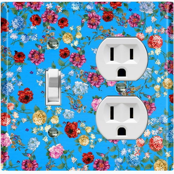Metal Light Switch Plate Outlet Cover Colorful Floral Garden Wallpaper Blue ROS041