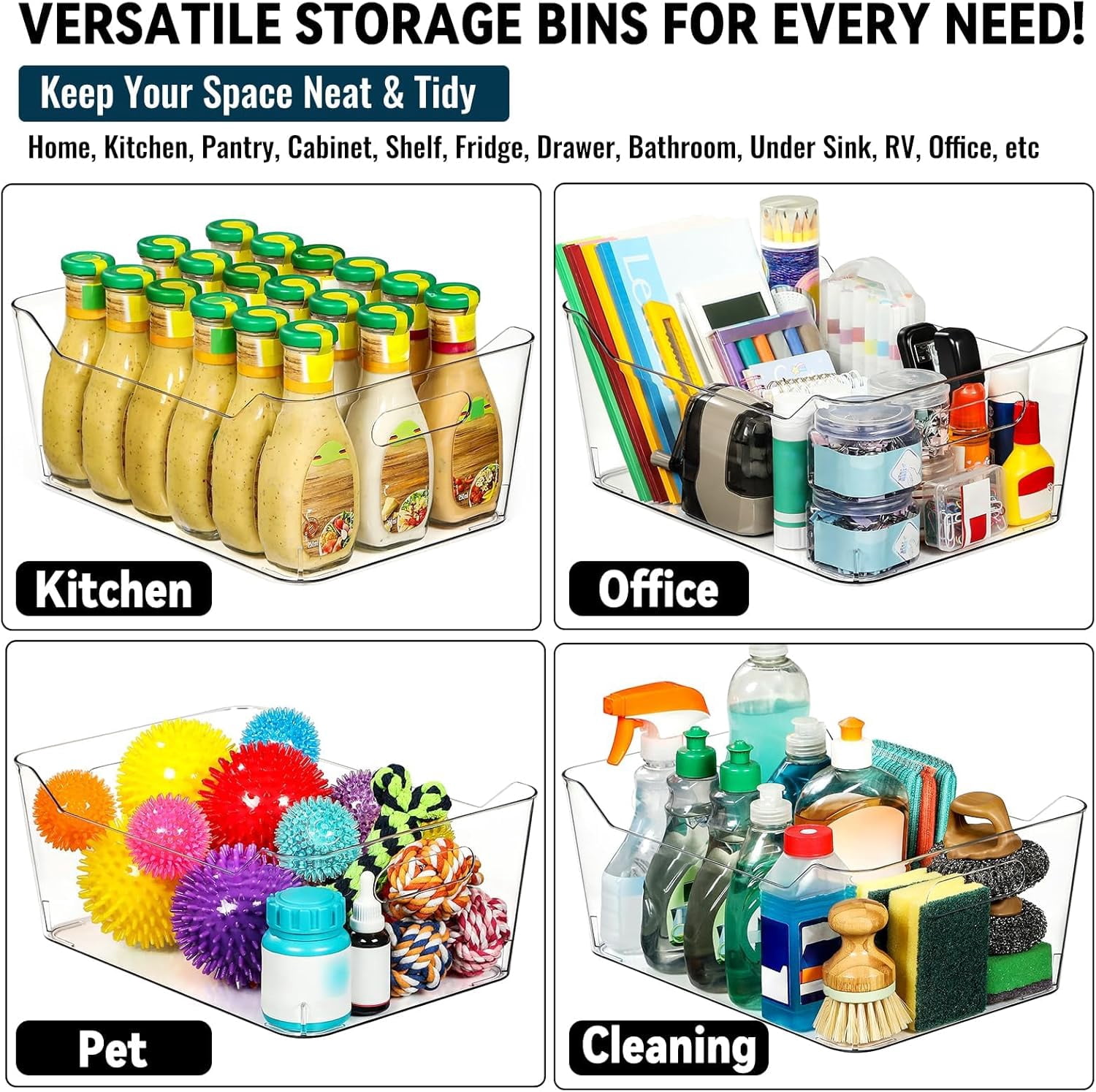 12 PACK Multi-Use Clear Plastic Storage Bins for Organizing w/Labels - Home, Kitchen, Pantry, Bathroom, Office, Cabinet Shelf Organizer Bins  Collection, RV, Fridge Organization Containers - L