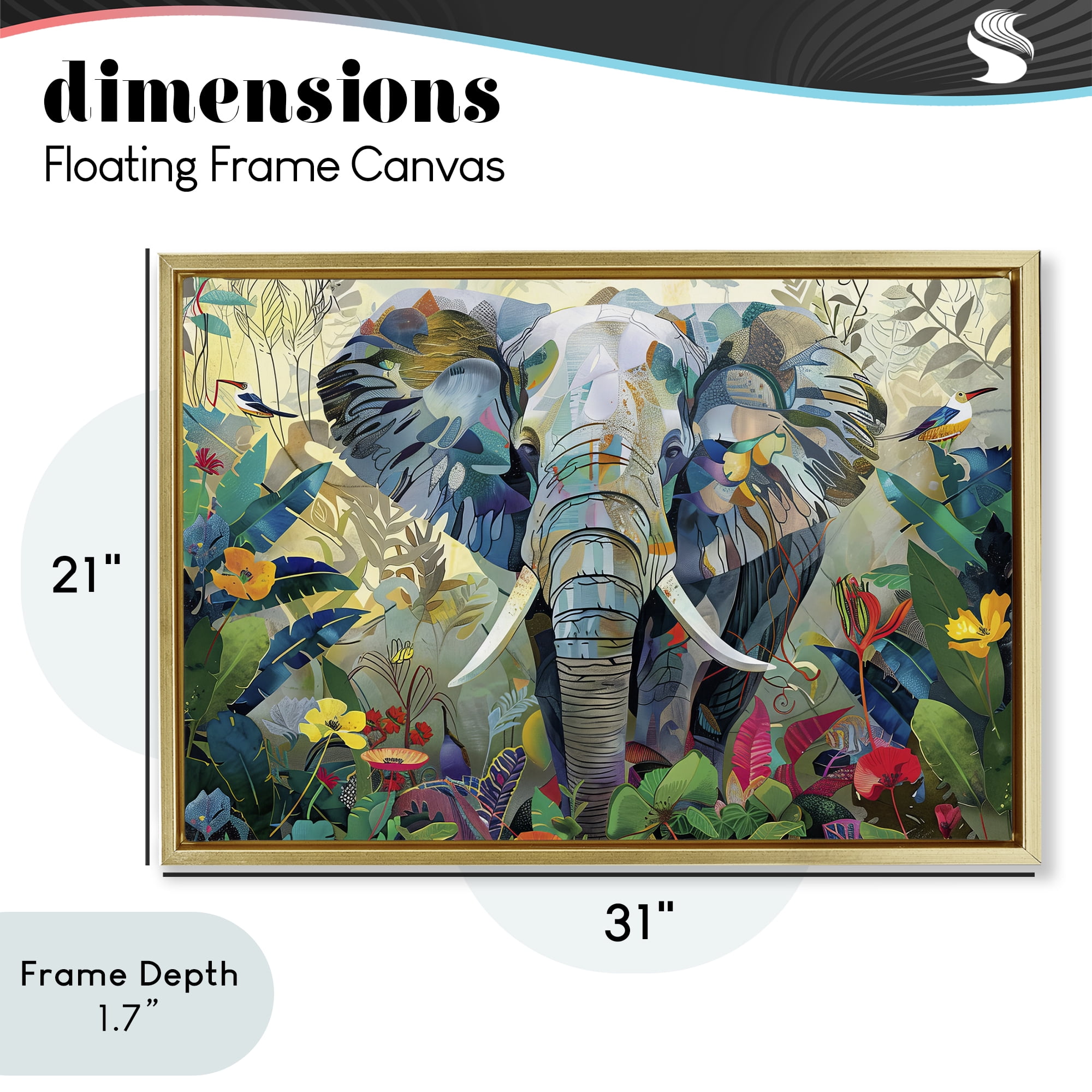 Stupell Industries Elephant's Realm in Tropical Bloom Gold Framed Floater Canvas Wall Art, design by Lazar Studio