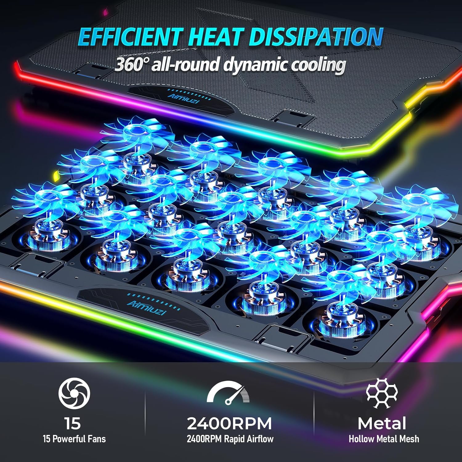 Gaming Laptop Cooling Pad, Cooler with 15 Quiet Fans for 12-17.3 Inch Notebook, Slim Portable Stand 7 Height Adjustable, 2 USB Ports, Phone